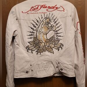 Unworn Ed Hardy Beige Women's Jacket Phoenix Panther Graphic Fully Lined L